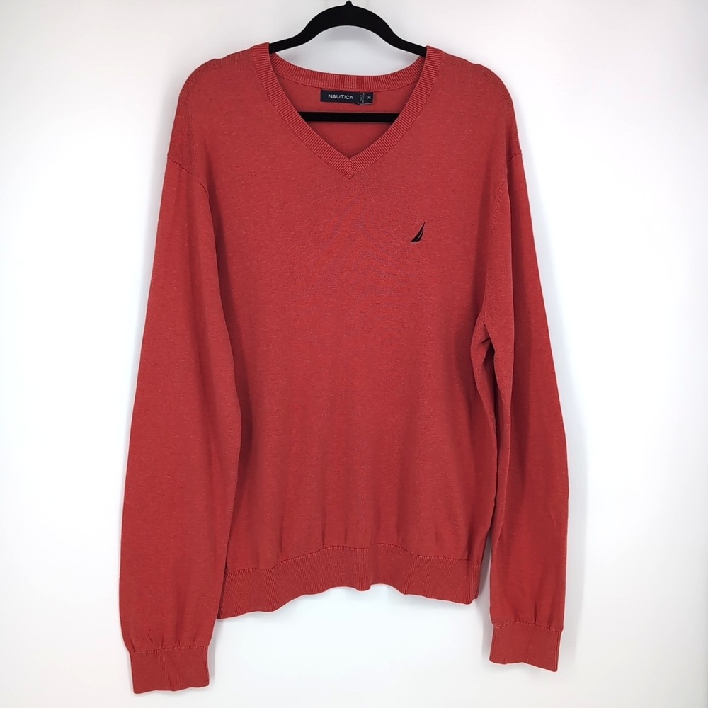 Nautica Mens XL Red V-Neck Cotton Knit Sweater Long Sleeve J-Class Logo S21500